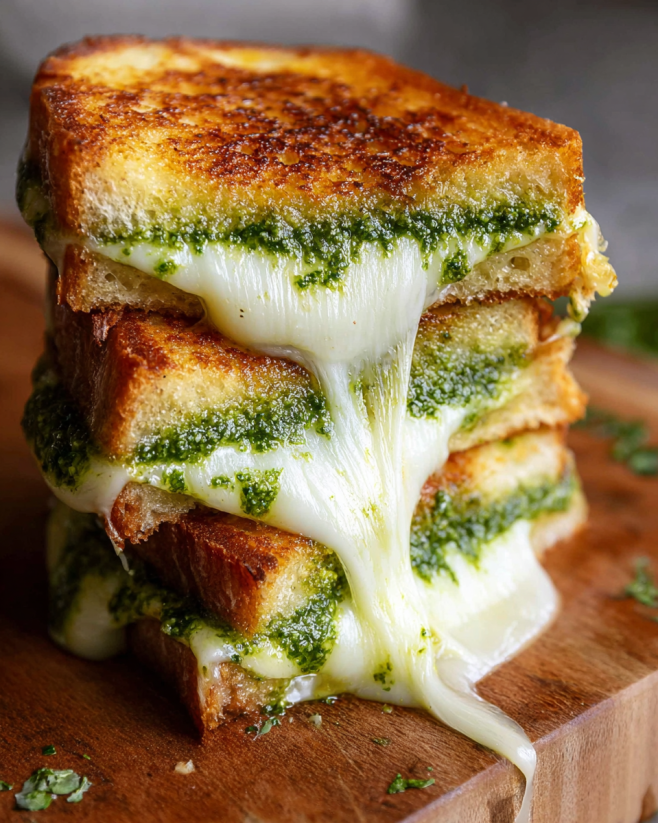 A stack of grilled cheese sandwiches with pesto.