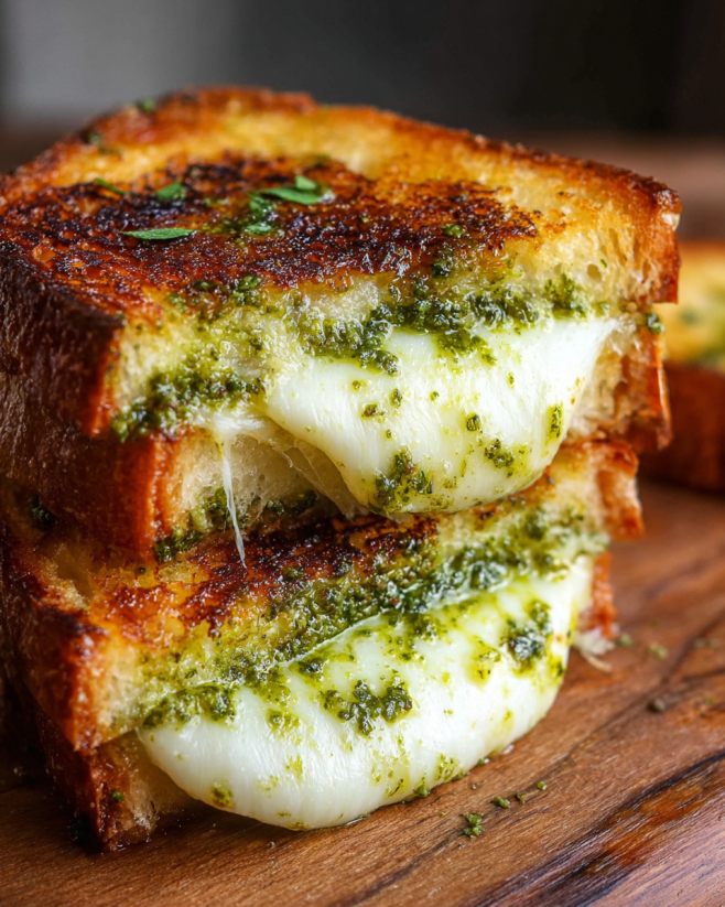 A slice of pesto grilled cheese on a wooden table.