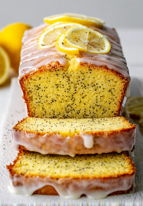 A slice of moist lemon poppy seed cake.