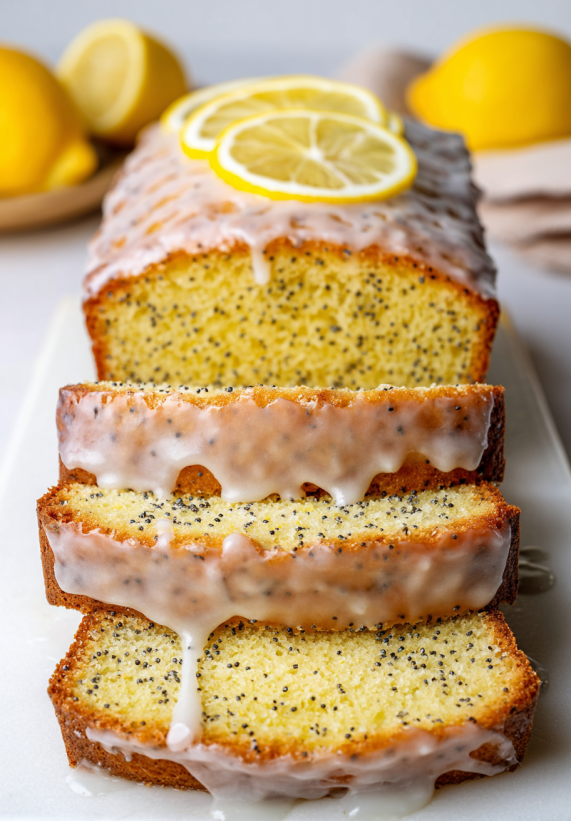 A slice of cake with lemon and powdered sugar.