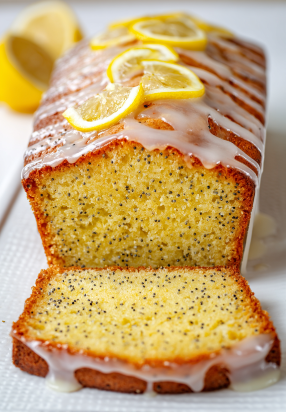 A slice of lemon cake with lemon slices on top.