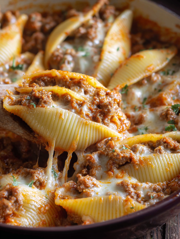 A close up of a cheesy stuffed shell.