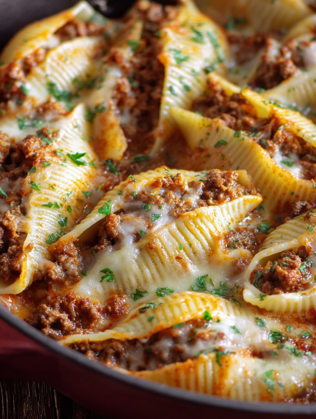 A plate of pasta with meat and cheese.