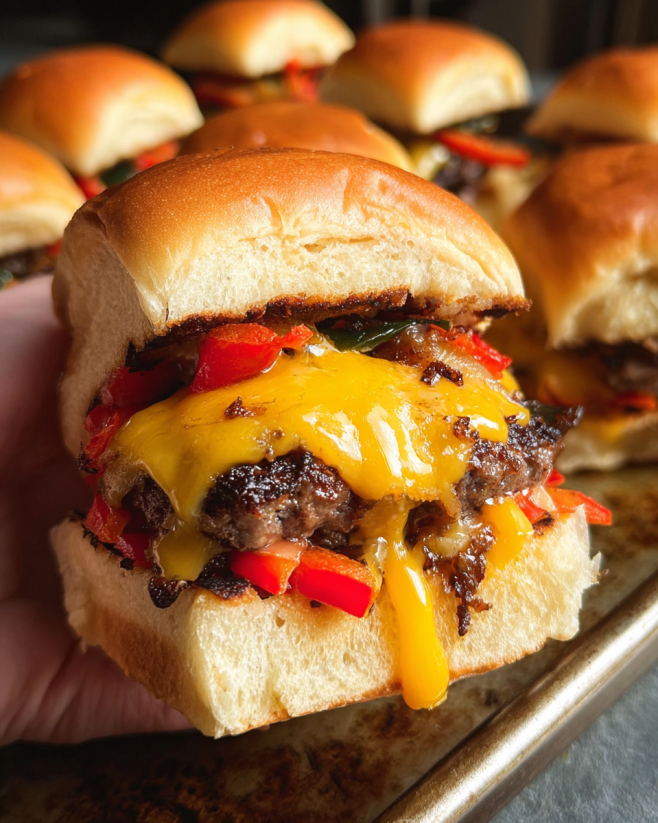 A close up of a burger with cheese and peppers.
