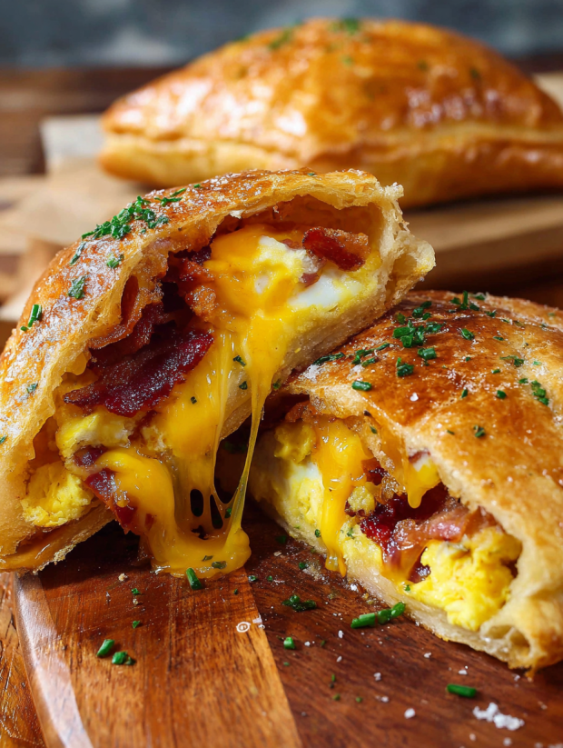 A breakfast hand pie with bacon and egg.