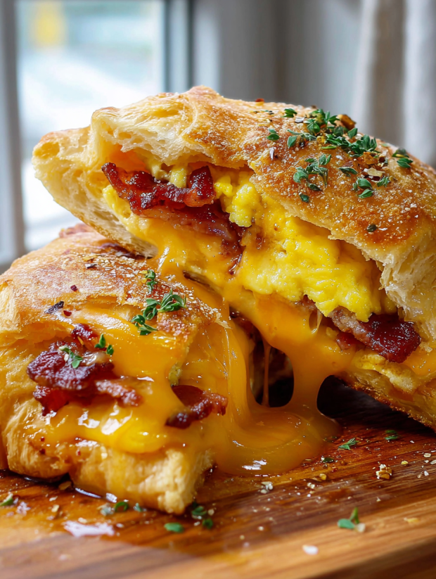 A pastry with cheese and bacon on top.