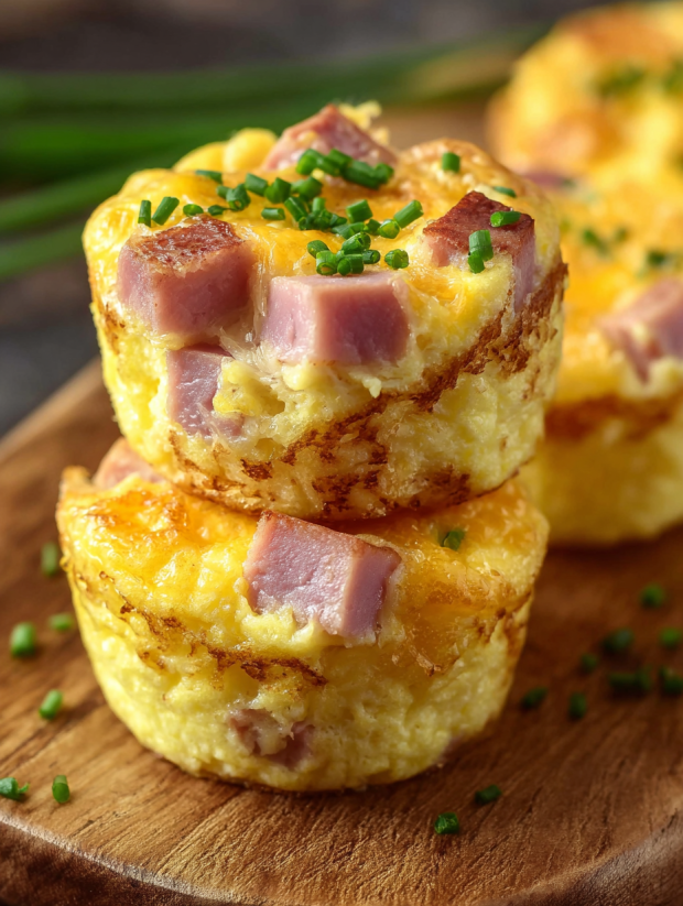 Three ham and cheese egg muffins stacked on a wooden table.