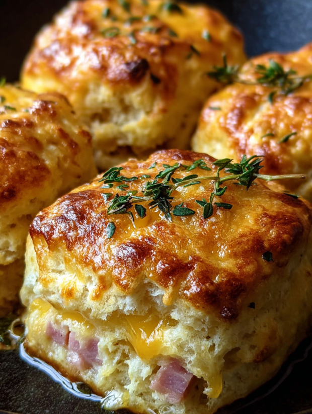 A plate of ham and cheese biscuits.
