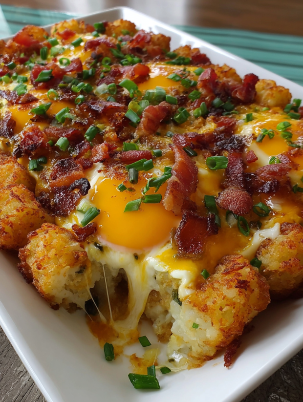 A dish with bacon, eggs, and tater tots.