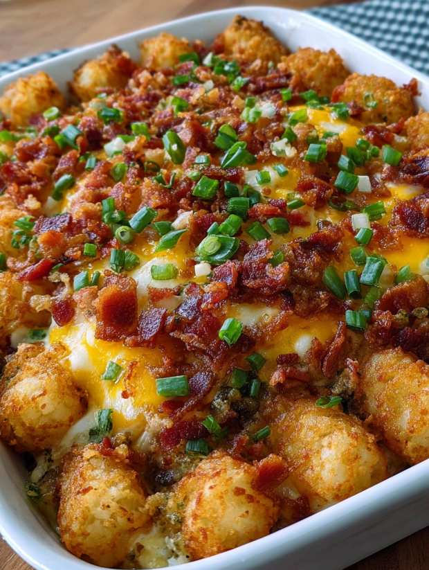 A close up of a baked dish with bacon, eggs, and tater tots.