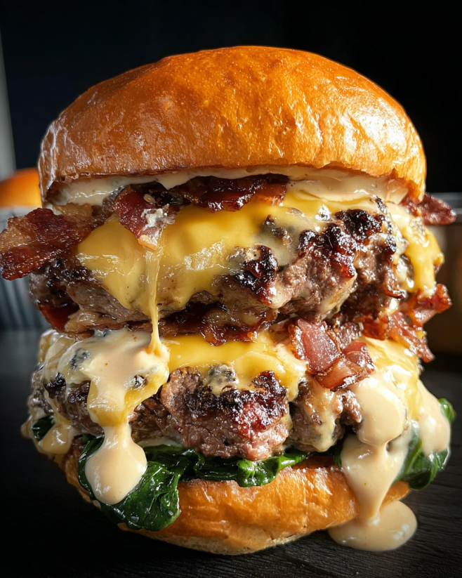 A close up of a burger with baconnaise sauce.
