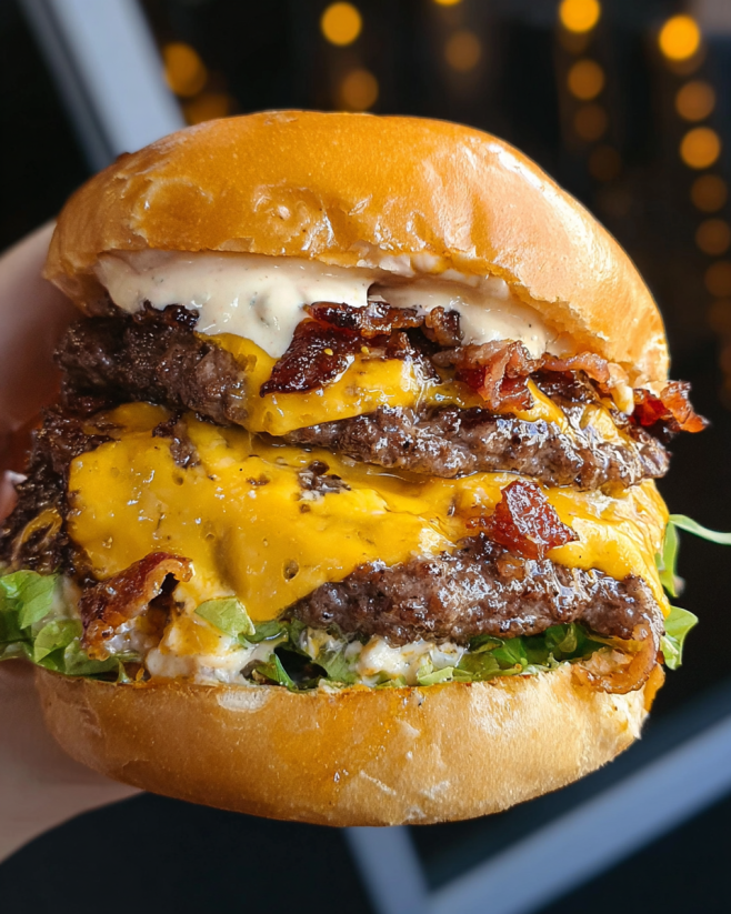 A person is holding a large burger with baconnaise sauce.
