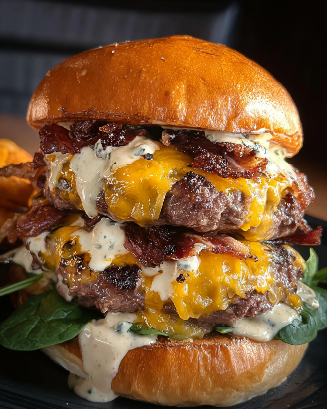 A close up of a burger with baconnaise sauce.