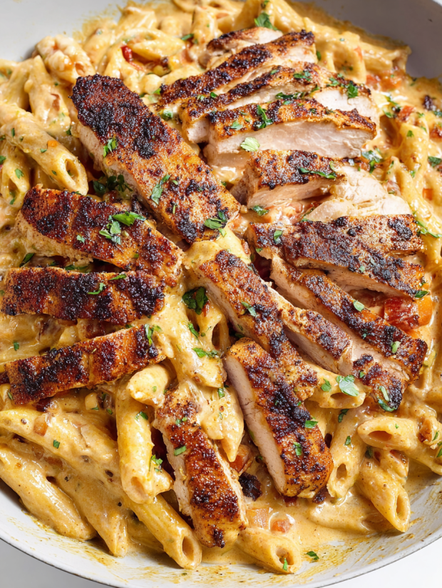 A plate of pasta with chicken and sausage.