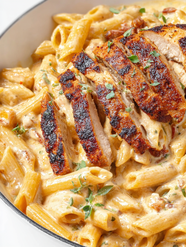 A plate of pasta with chicken and sausage.