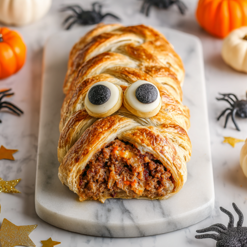 A mummy meatloaf with googly eyes.