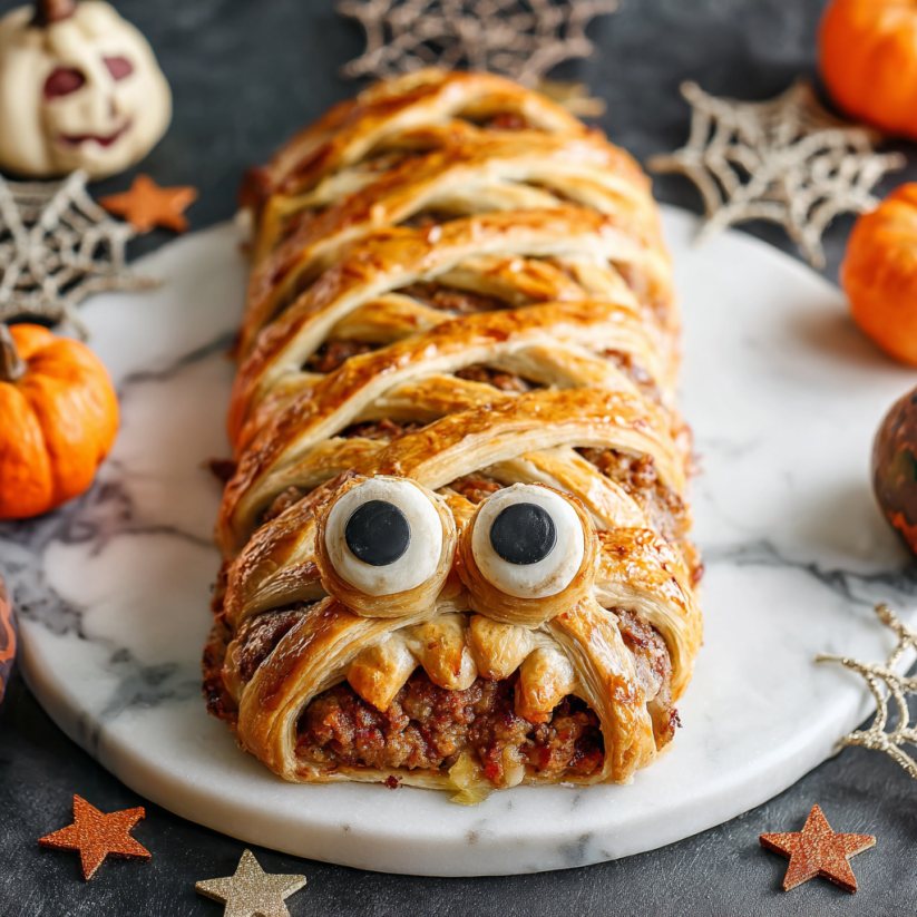 A pastry with eyes and a mouth.