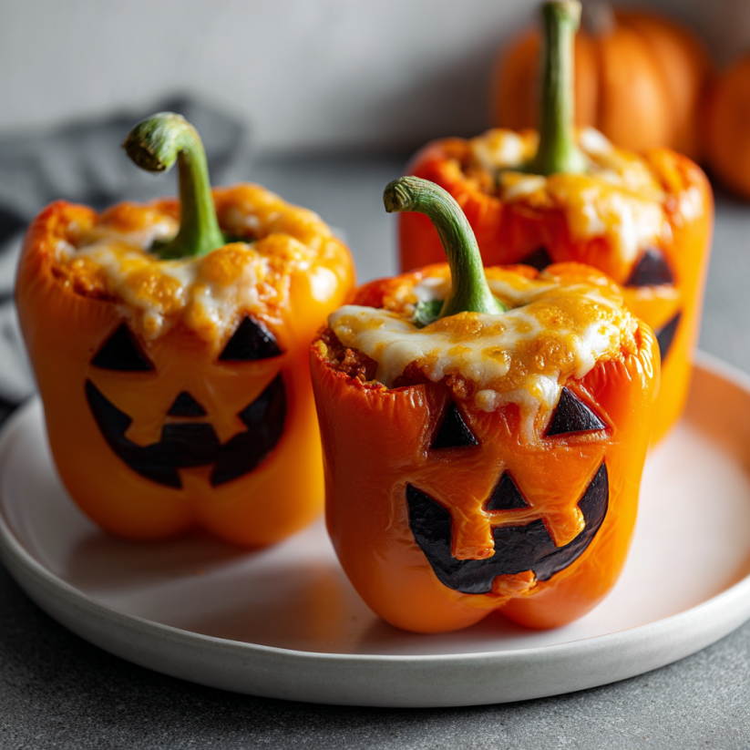 Two peppers with pumpkin faces on a plate.