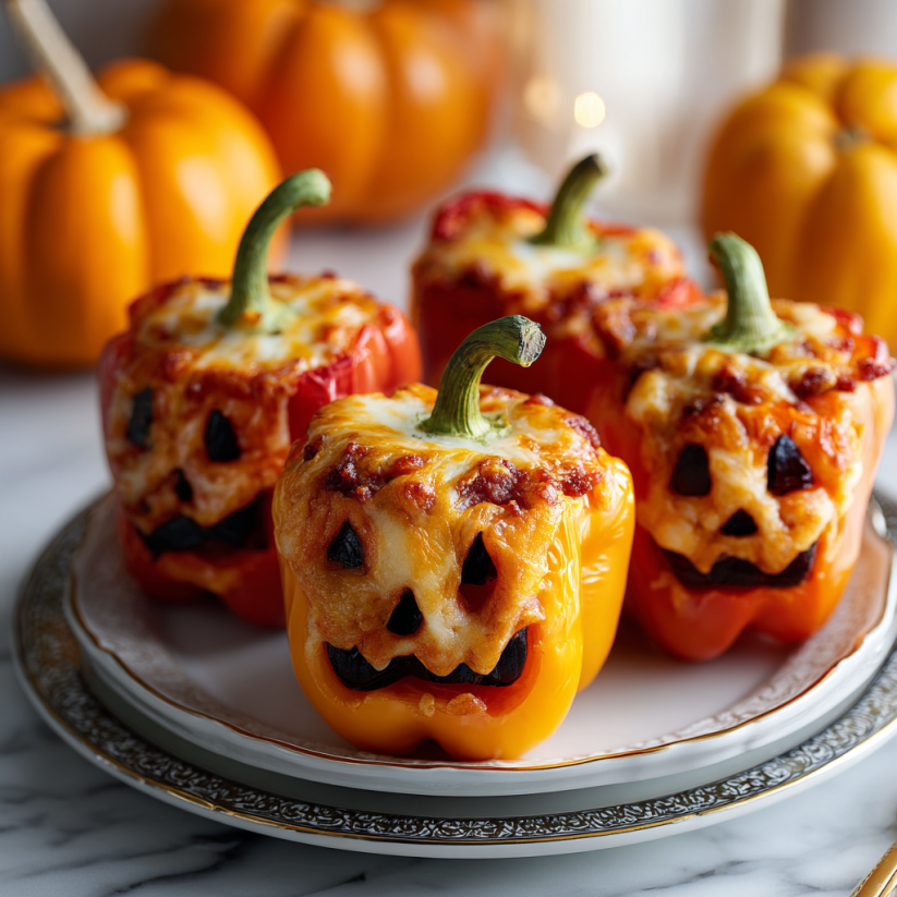 A plate of peppers with cheese and a face drawn on them.