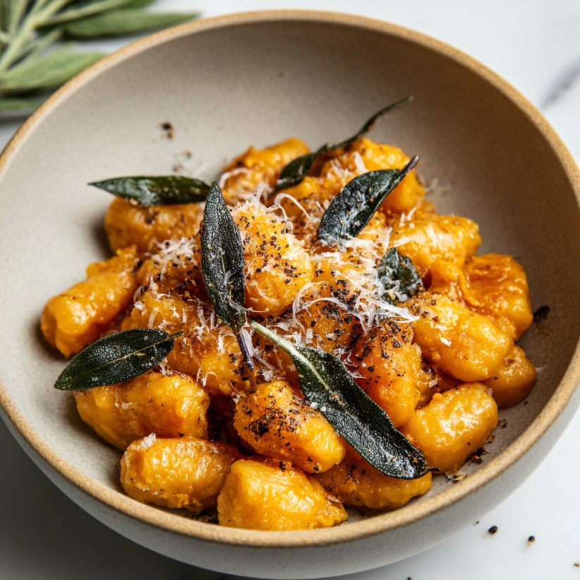 A bowl of pumpkin sage gnocchi in brown butter sauce.