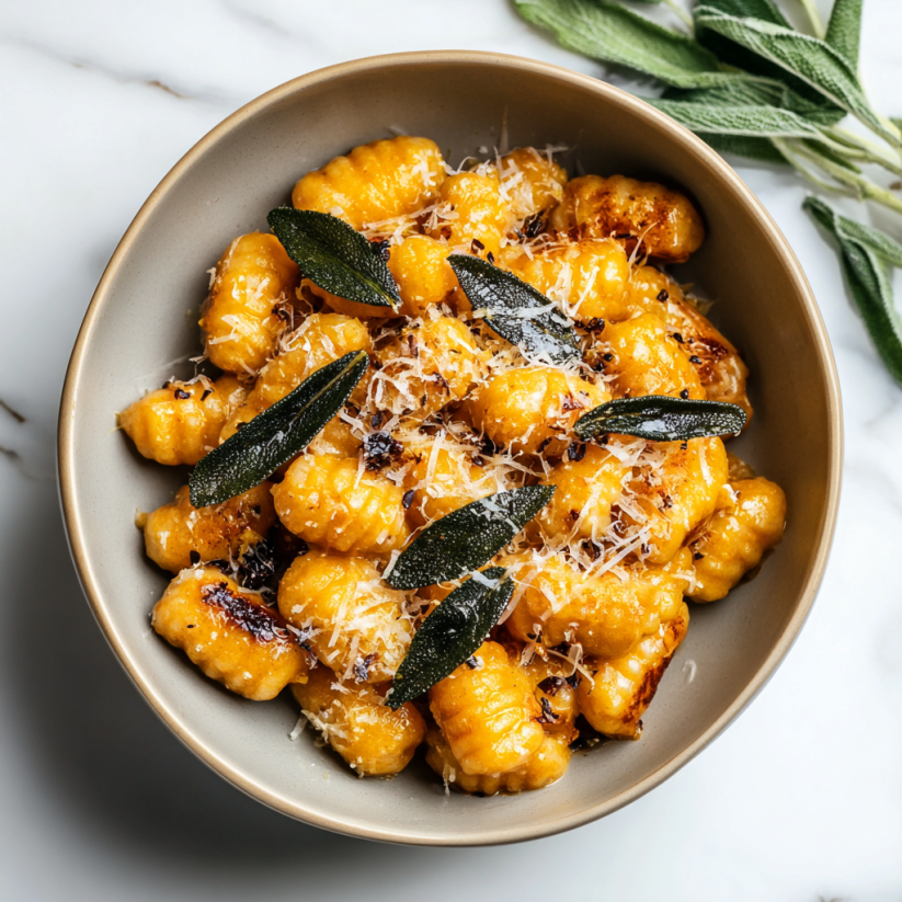 A bowl of pasta with cheese and herbs.