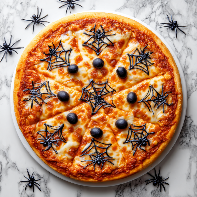 A pizza with black spiders on it.