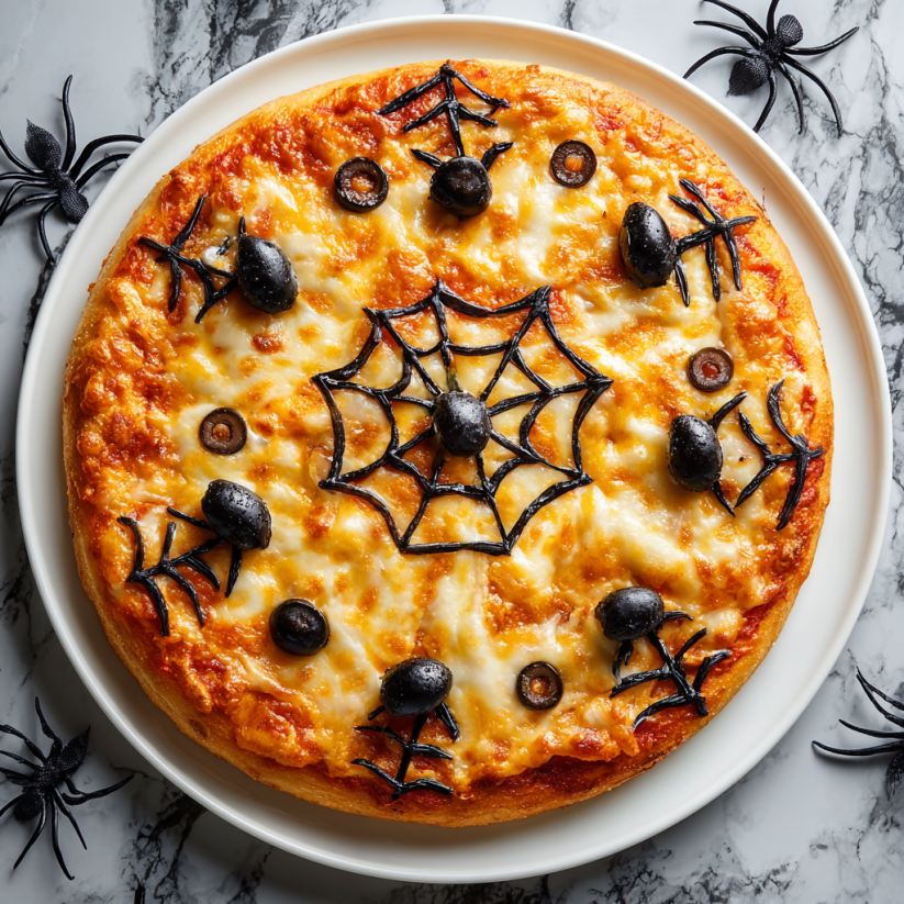 A pizza with black olives and a spider web design.