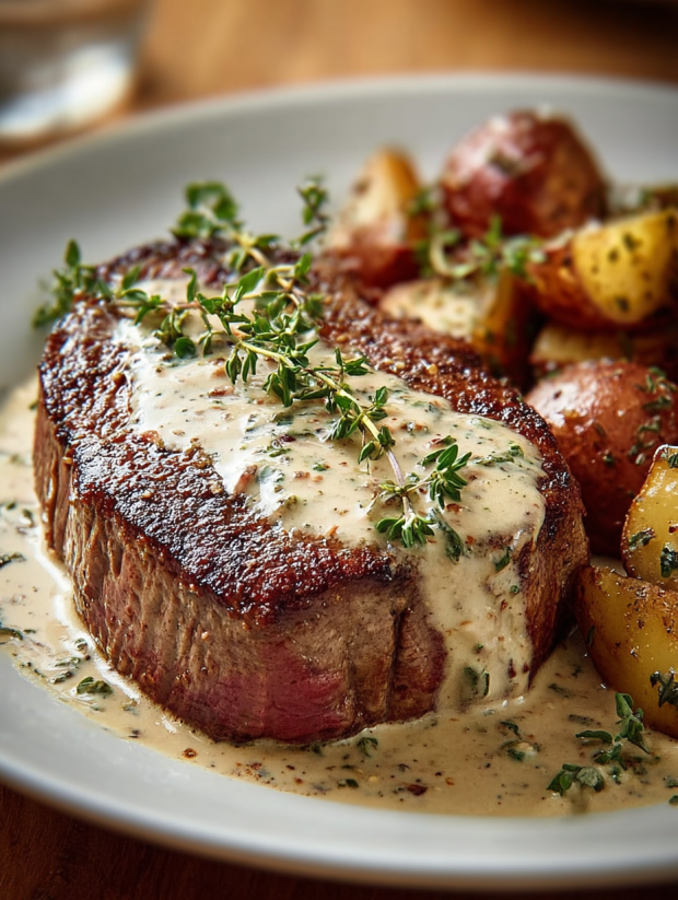 A plate of meat and potatoes.