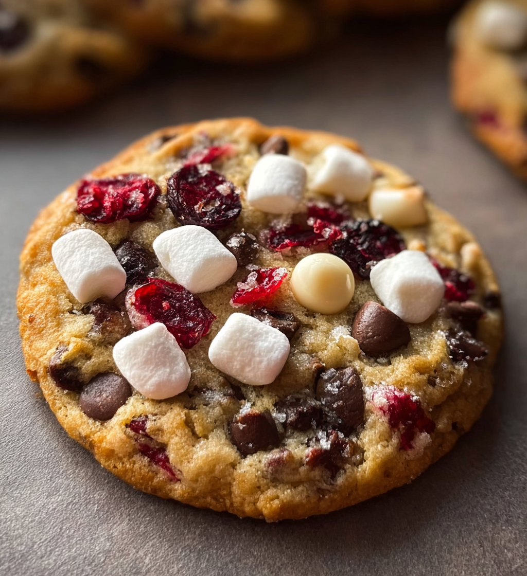 A close up of a cookie with marshmallows and chocolate chips.
