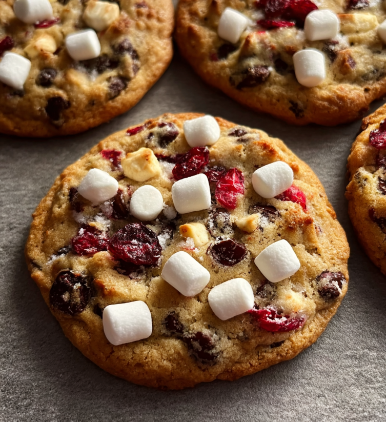 A cookie with marshmallows and chocolate chips.