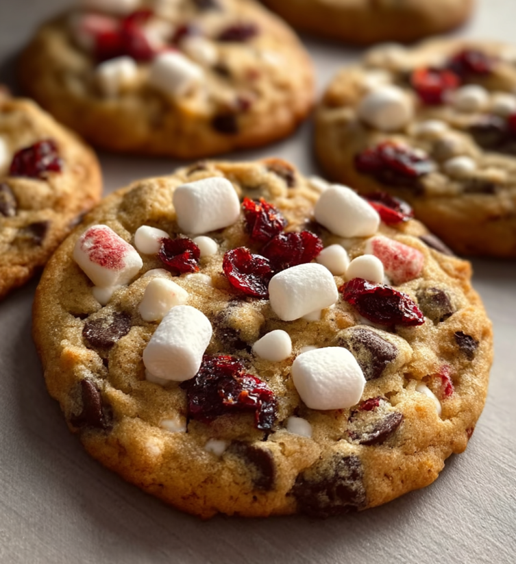 A cookie with marshmallows and chocolate chips.