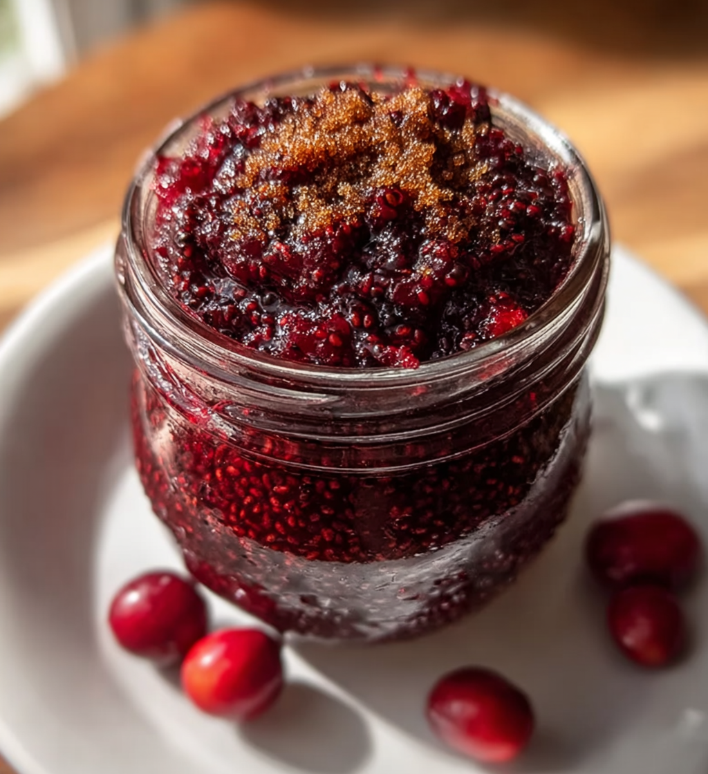 A jar of spiced jam with a wooden table.