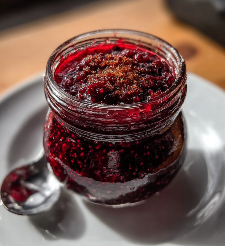 A jar of jam with a spoon in it.