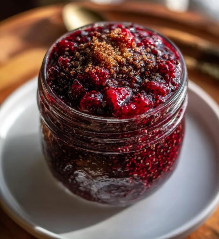 A jar of berries with a spoon in it.