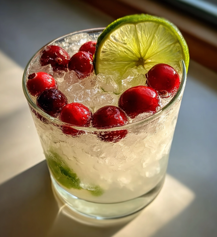 A glass of white Christmas margarita with lime and cranberries.