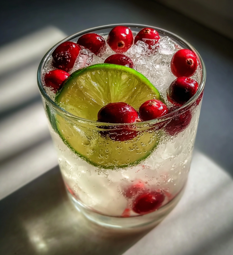 A glass of cranberry juice with a lime wedge.