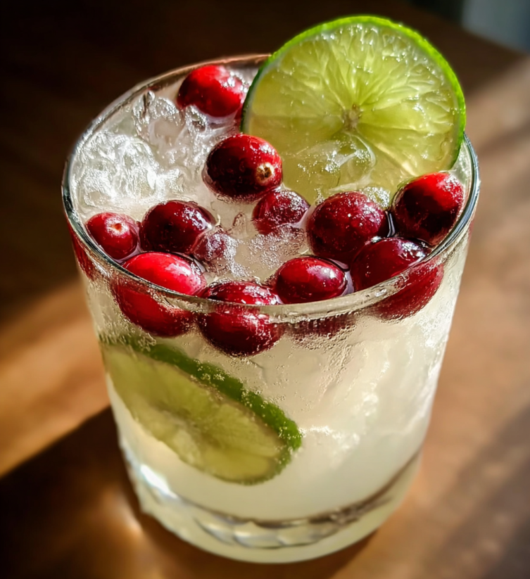 A glass of cranberry juice with a slice of lime.