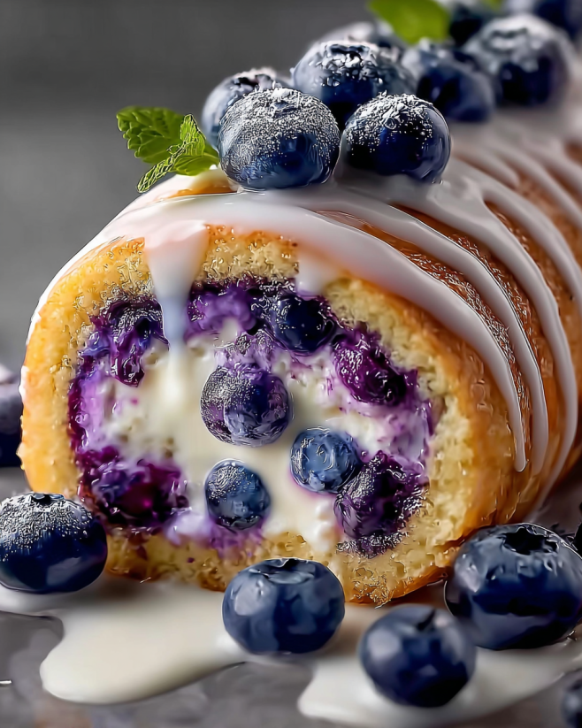 A swiss roll with blueberry cream on top.