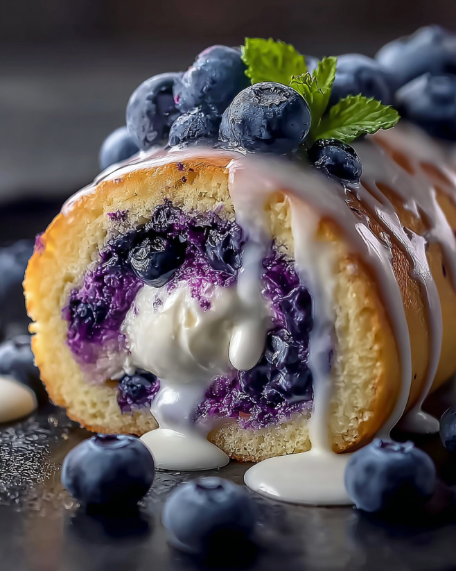 A blueberry cake with white frosting.