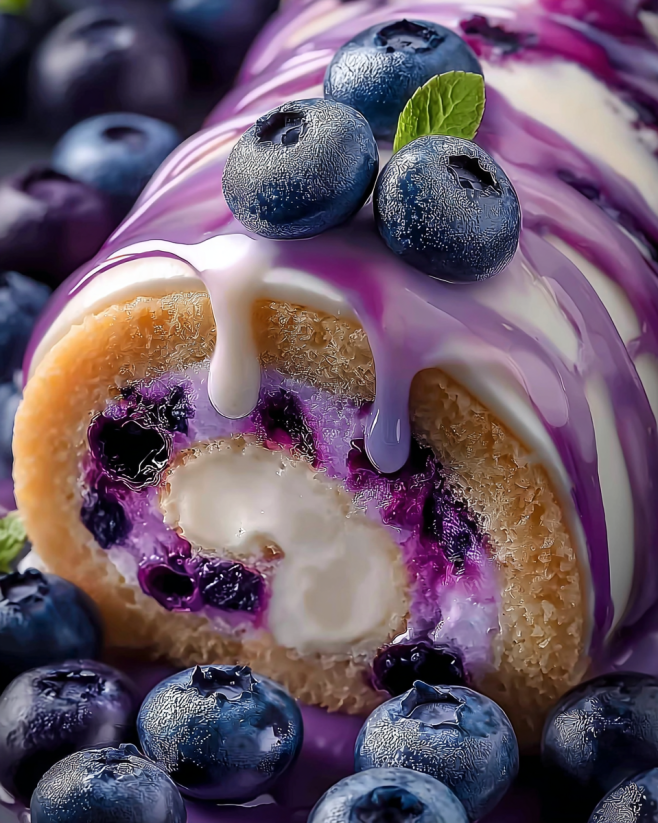 A purple cake with blueberries on top.