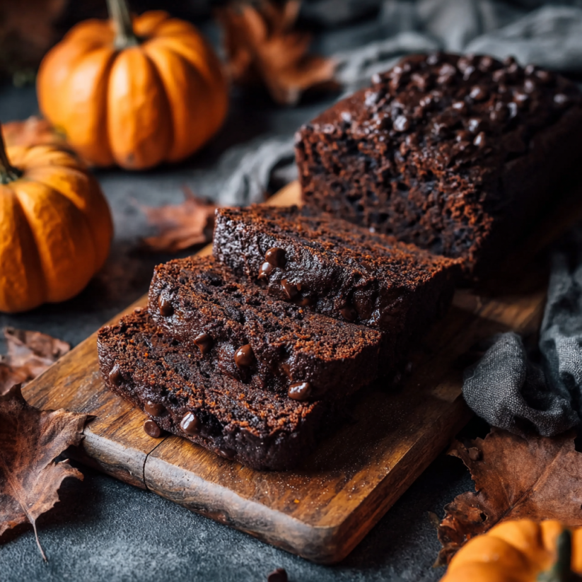 A slice of moist chocolate pumpkin bread.