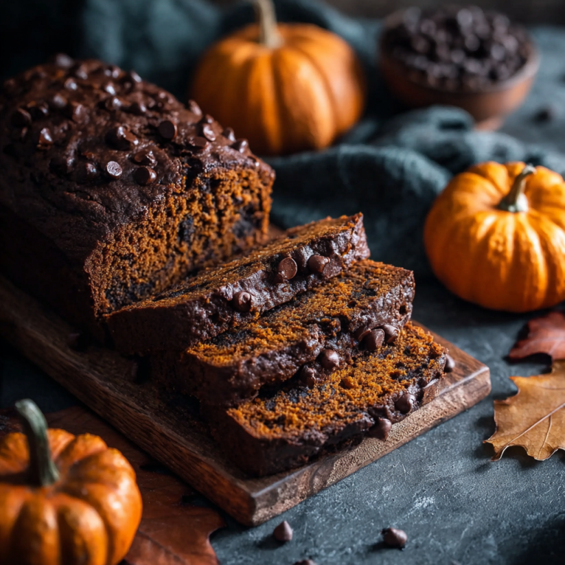 A slice of moist chocolate pumpkin bread.