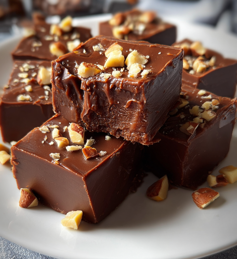 A plate of chocolate fudge with nuts on top.