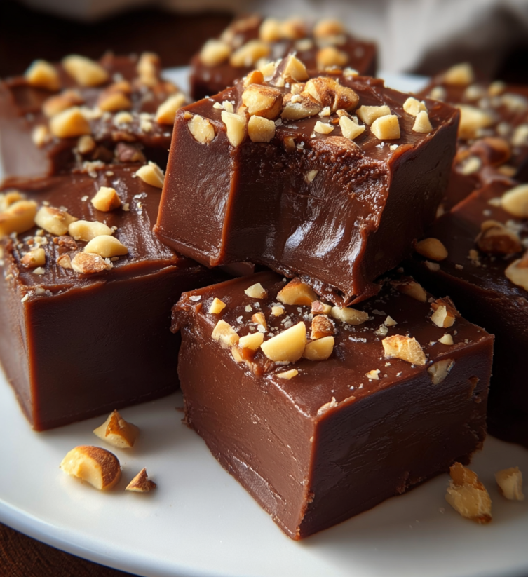 A plate of chocolate fudge with nuts on top.