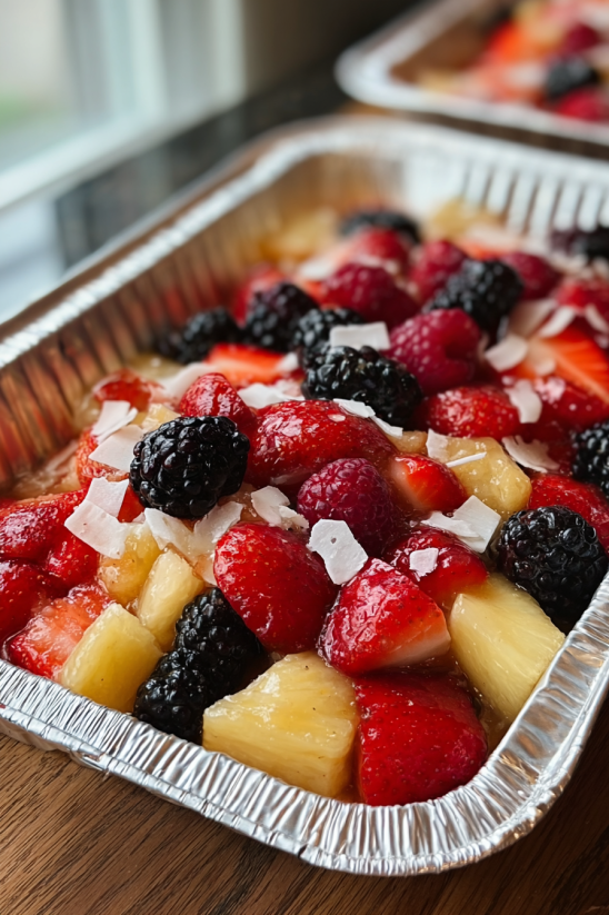 A fruit salad with strawberries, pineapple, and blackberries.