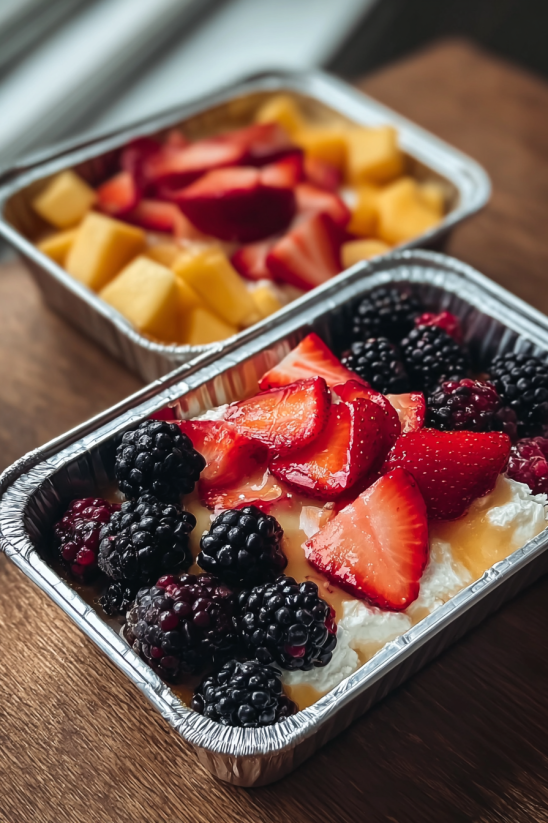 A close up of a fruit salad in a tin foil tray.
