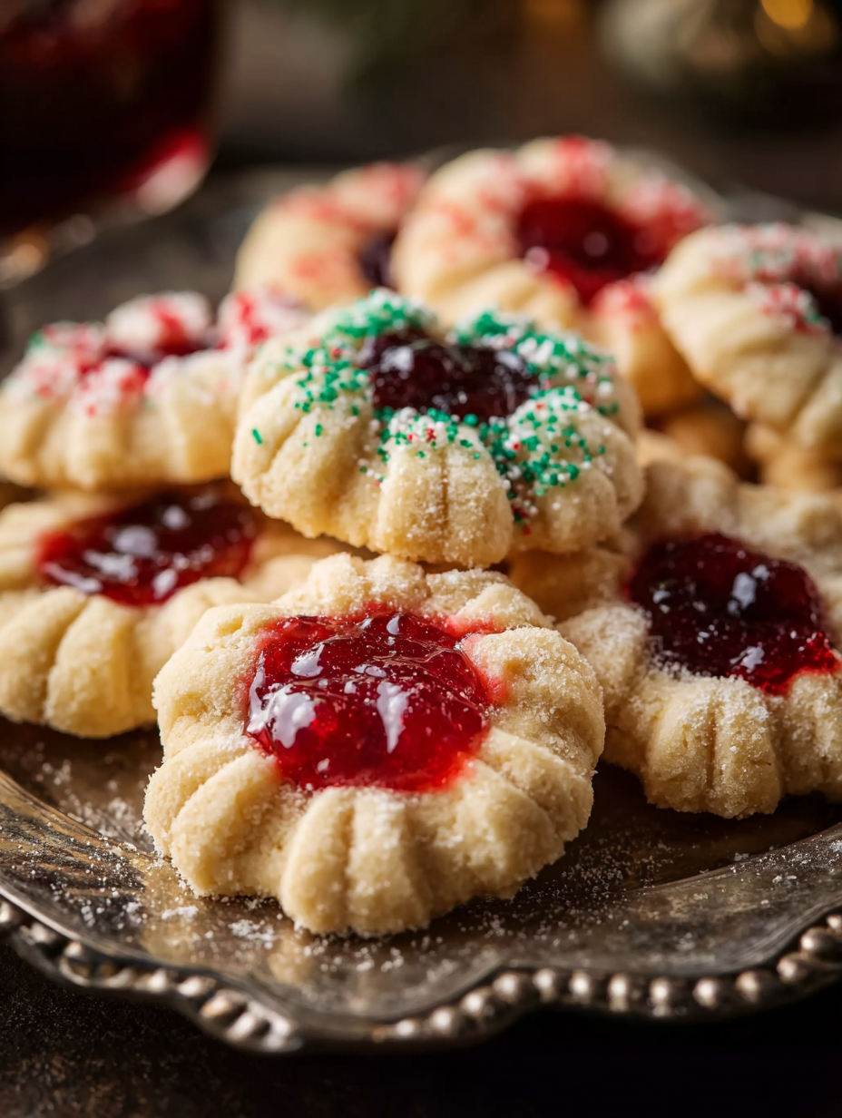 A plate of soft Christmas thumbprint cookies.