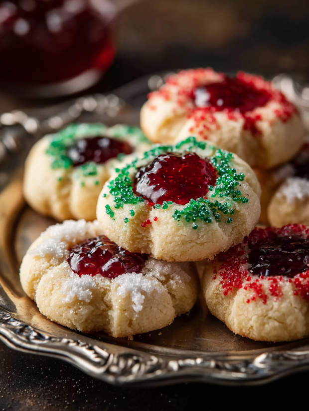 A plate of cookies with jelly and sprinkles.