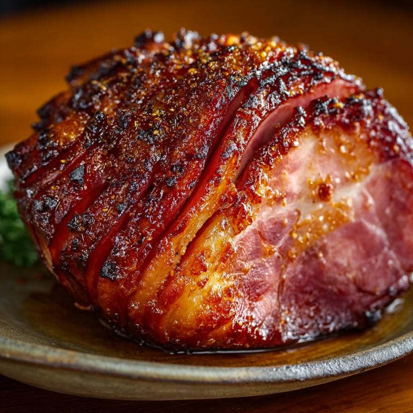 A glazed ham on a plate.