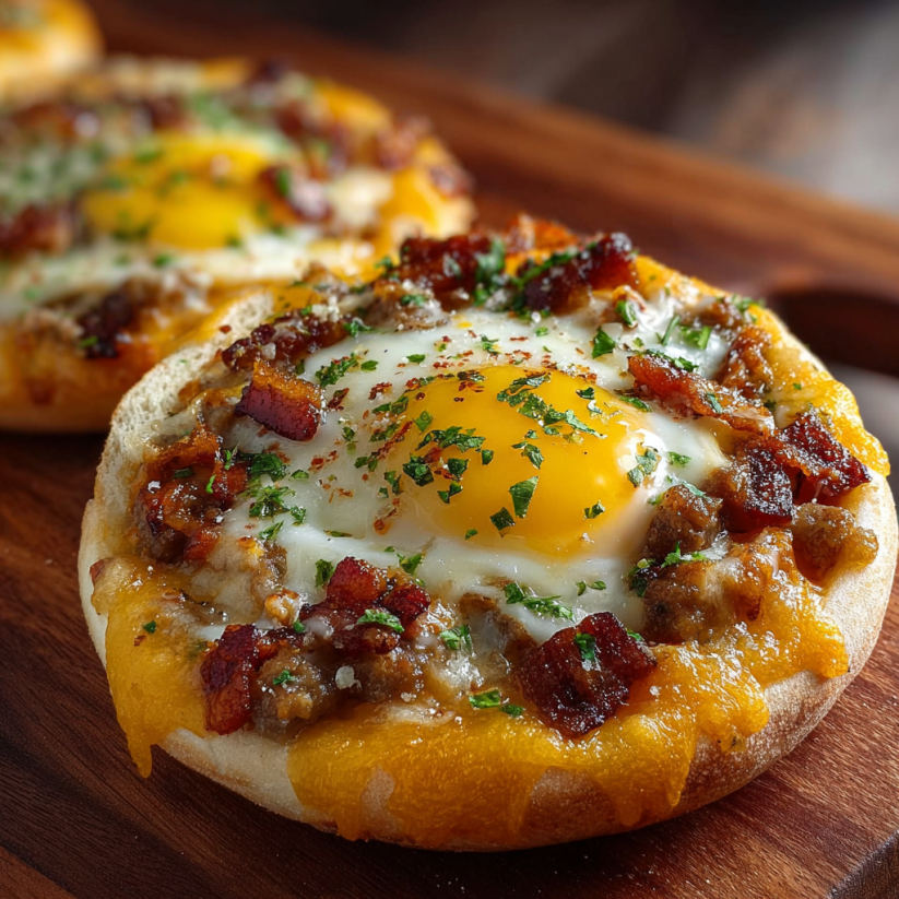 A breakfast pizza with eggs and bacon.